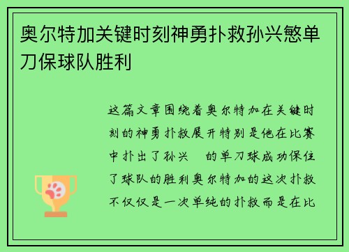 奥尔特加关键时刻神勇扑救孙兴慜单刀保球队胜利