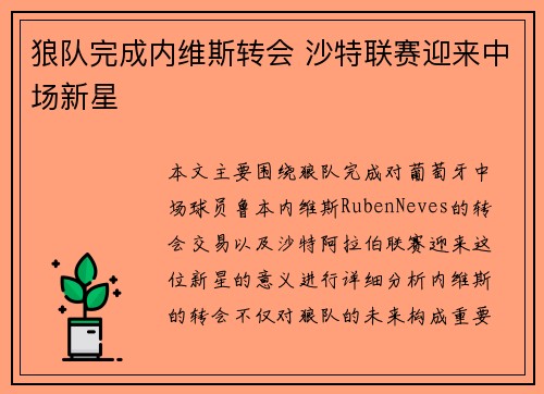 狼队完成内维斯转会 沙特联赛迎来中场新星