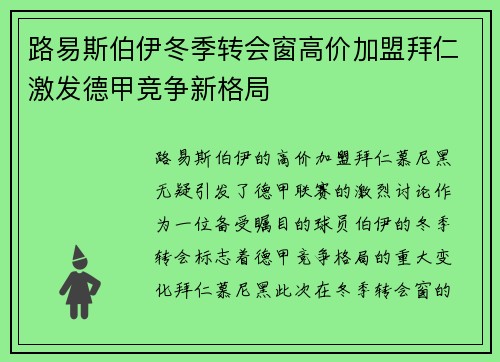 路易斯伯伊冬季转会窗高价加盟拜仁激发德甲竞争新格局 路易斯伯伊冬季转会窗高价加盟拜仁激发德甲竞争新格局