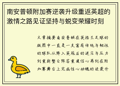 南安普顿附加赛逆袭升级重返英超的激情之路见证坚持与蜕变荣耀时刻
